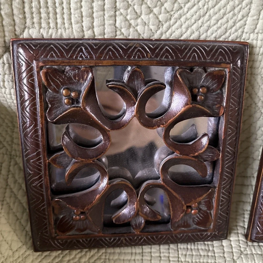 Set Bronze Color Mirrored Wall Plaques w/Floral Scrollwork Boho MCM 5.5